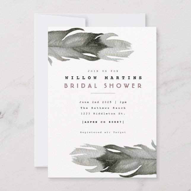Modern Feather Watercolor Bridal Shower Invitation (Front)