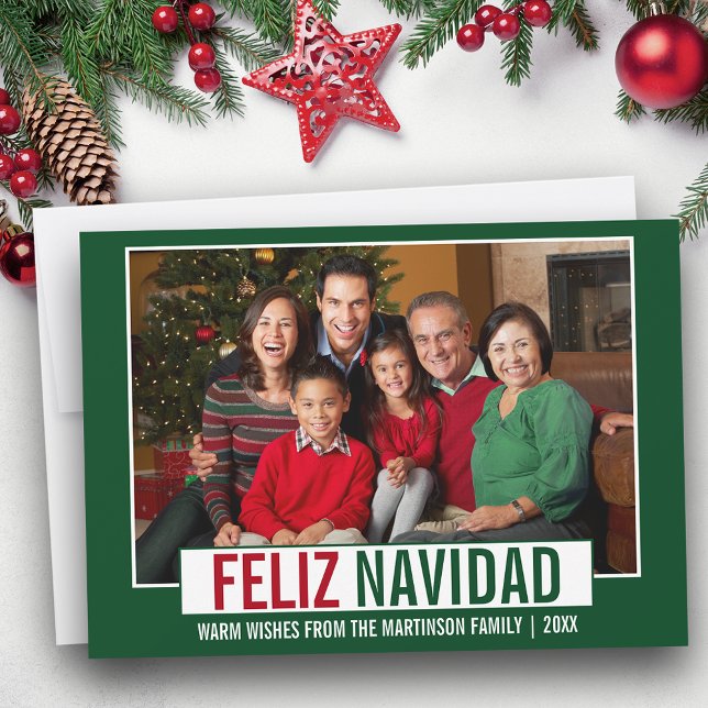 Modern Feliz Navidad Family Photo Green Holiday Card (Customize to add text to back of card.)