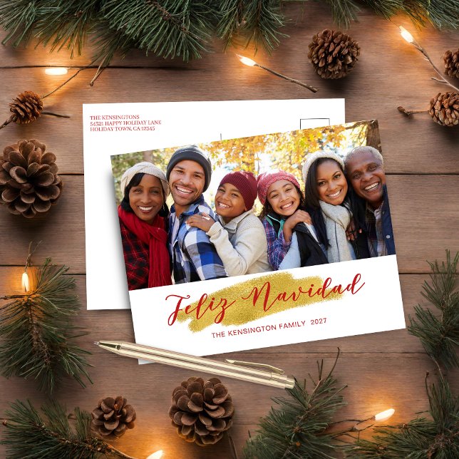 Modern Feliz Navidad Gold Foil Swash Holiday Photo (Modern Feliz Navidad Gold Foil Swash Holiday Photo Postcard)