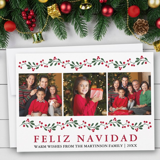 Modern Feliz Navidad Greenery Berries 3 Photo Holiday Card (Customize to change text size, text style or text color.)