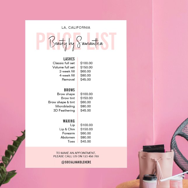 Modern Feminine Blush Pink Beauty Salon Price List Poster (Fully editable feminine price list of services poster, featuring trendy fonts and blush pink colors)