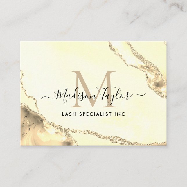 Modern Feminine Gold Glitter Marble Agate Monogram Business Card (Front)