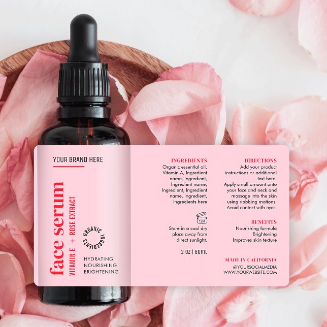 Modern Feminine Pink Face Serum Oil Dropper Bottle (Feminine blush pink and red cosmetic dropper bottle wrap around label design)