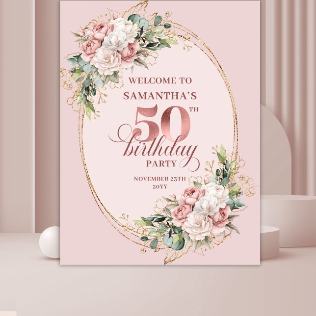 Modern Feminine Rose Gold 50th Birthday Banner Tapestry (Modern Feminine Rose Gold 50th Birthday Banner)