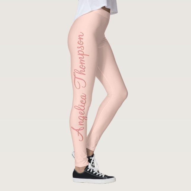 Modern Feminine Solid Soft Pink Script Custom Name Leggings (Right)