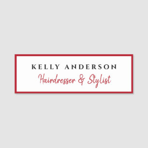 Modern Feminine White Red Border Hairdresser Name Tag