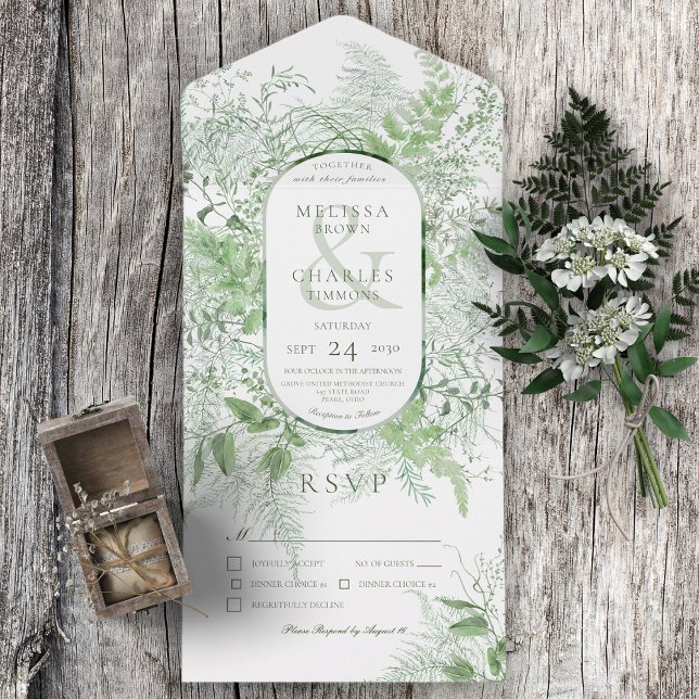 Modern Fern Green Foliage White Dinner All In One Invitation (Also available with a QR code or without dinner selection options.)