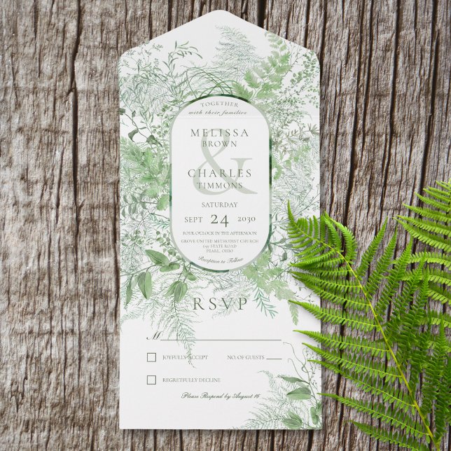 Modern Fern Green Foliage White No Dinner All In One Invitation (Also available with a QR code or with dinner selection options.)