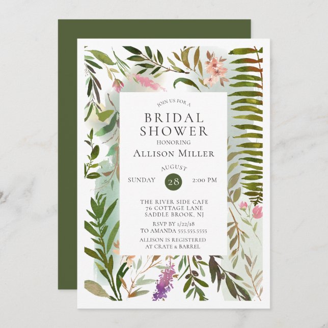 Modern Fern Greenery Bridal Shower Invitation (Front/Back)