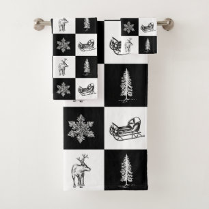 Modern Festive Black and White Christmas Bath Towel Set