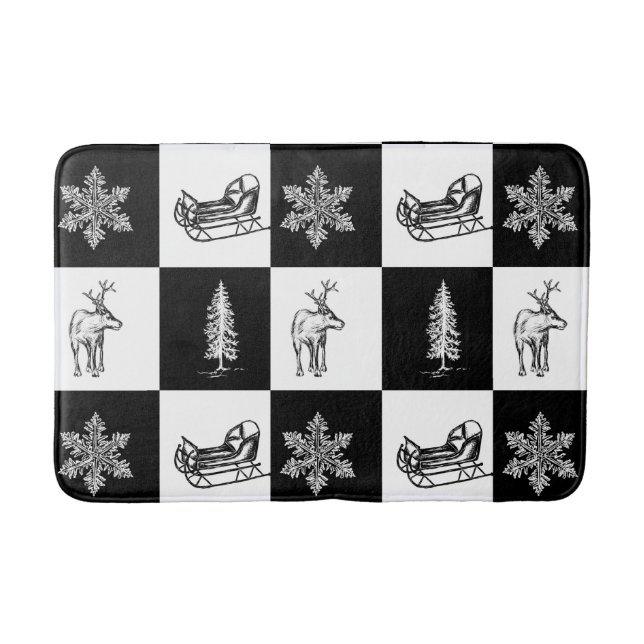 Modern Festive Black and White Christmas Pattern Bath Mat (Front)
