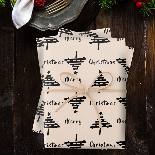 Modern Festive Black Beige Christmas Tree Holiday Wrapping Paper Sheet (Creator Uploaded)
