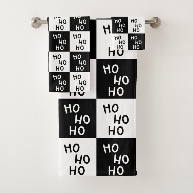 Modern Festive Black White Ho Ho Slogan Christmas  Bath Towel Set (Insitu)