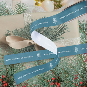 Modern Festive Blue Minimalist Tree Christmas Satin Ribbon