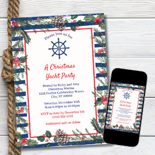 Modern Festive Blue Striped Christmas Yacht Party Invitation