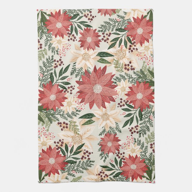 Modern & Festive Botanical Poinsettia Christmas Tea Towel (Vertical)