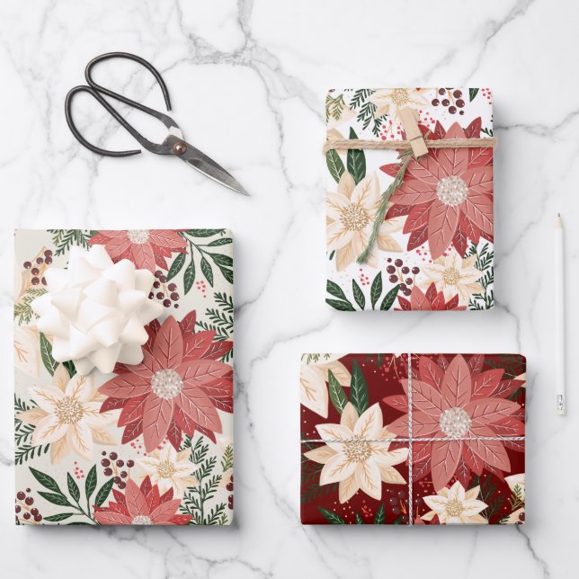 Modern & Festive Botanical Poinsettia Wrapping Paper Sheet (Front)