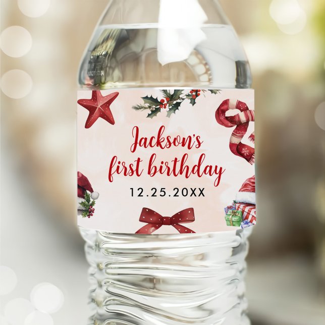 Modern Festive Christmas 1st Birthday Party Water Bottle Label (Creator Uploaded)