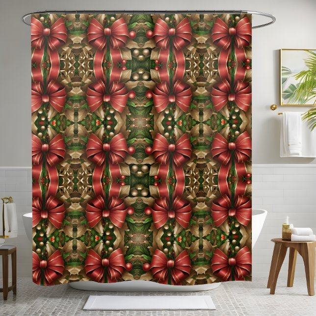 Modern Festive Christmas Bows Garland Holiday  Shower Curtain (Creator Uploaded)