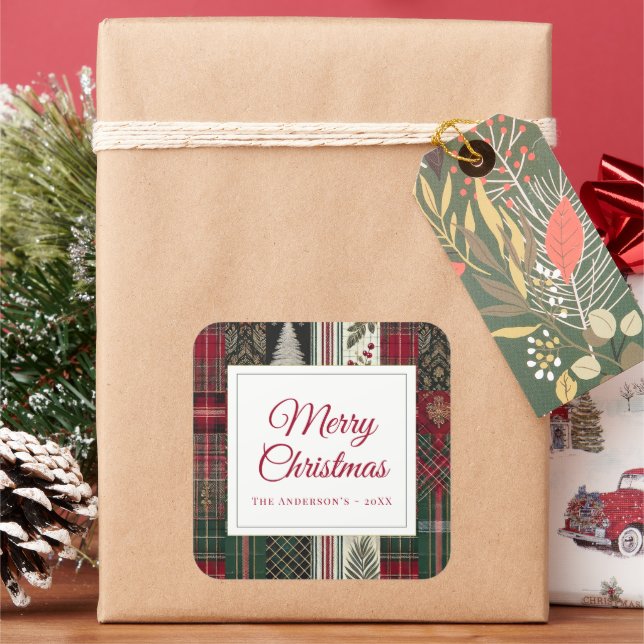Modern Festive Christmas Rustic Plaid Pattern Square Sticker (Holiday)