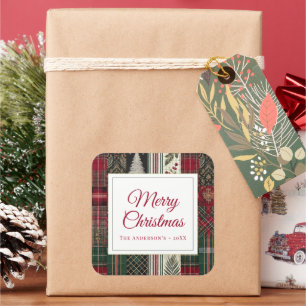 Modern Festive Christmas Rustic Plaid Pattern Square Sticker
