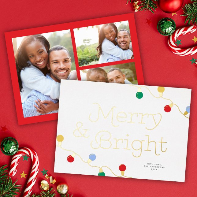 Modern Festive Colourful Christmas Lights 3 Photos Foil Holiday Card (Creator Uploaded)