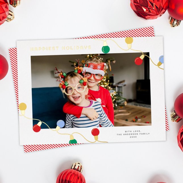 Modern Festive Colourful Christmas Lights One Phot Foil Holiday Card (Creator Uploaded)