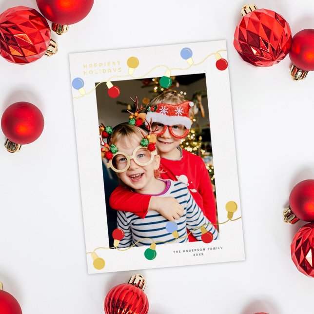 Modern Festive Colourful Christmas Lights One Phot Foil Holiday Card (Creator Uploaded)