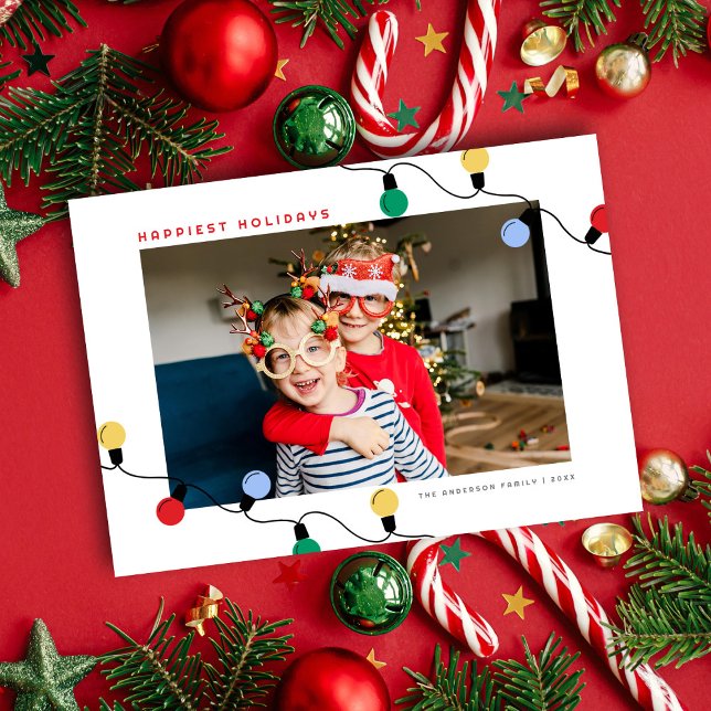 Modern Festive Colourful Christmas Lights One Phot Holiday Card (Creator Uploaded)