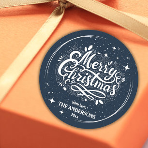 Modern festive cute blue & white Merry Christmas  Classic Round Sticker