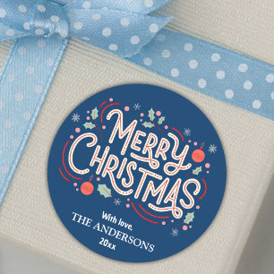 Modern festive cute blue & white Merry Christmas Classic Round Sticker