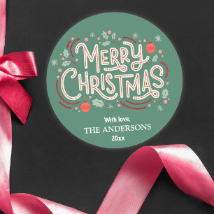Modern festive cute green & white Merry Christmas Classic Round Sticker