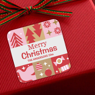 Modern festive cute red & grey Merry Christmas Square Sticker