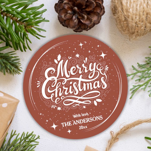 Modern festive cute red & white Merry Christmas Classic Round Sticker (Creator Uploaded)