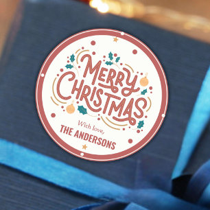 Modern festive cute red & white Merry Christmas Classic Round Sticker
