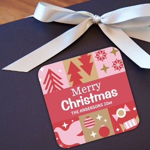 Modern festive cute red & white Merry Christmas Square Sticker