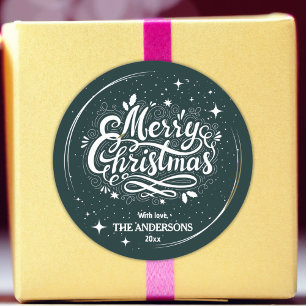 Modern festive dark teal & white Merry Christmas Classic Round Sticker