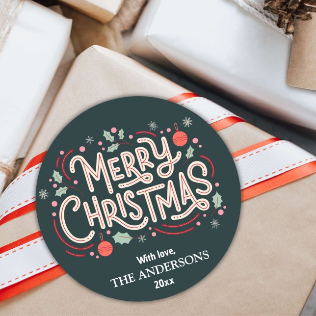 Modern festive dark teal & white Merry Christmas  Classic Round Sticker (Creator Uploaded)