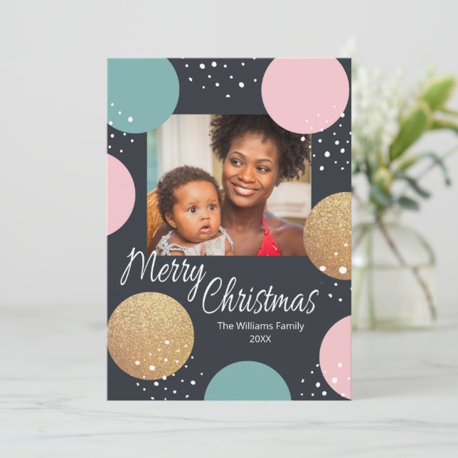 Modern Festive Dots Snowy Photo Christmas Holiday Card (Standing Front)