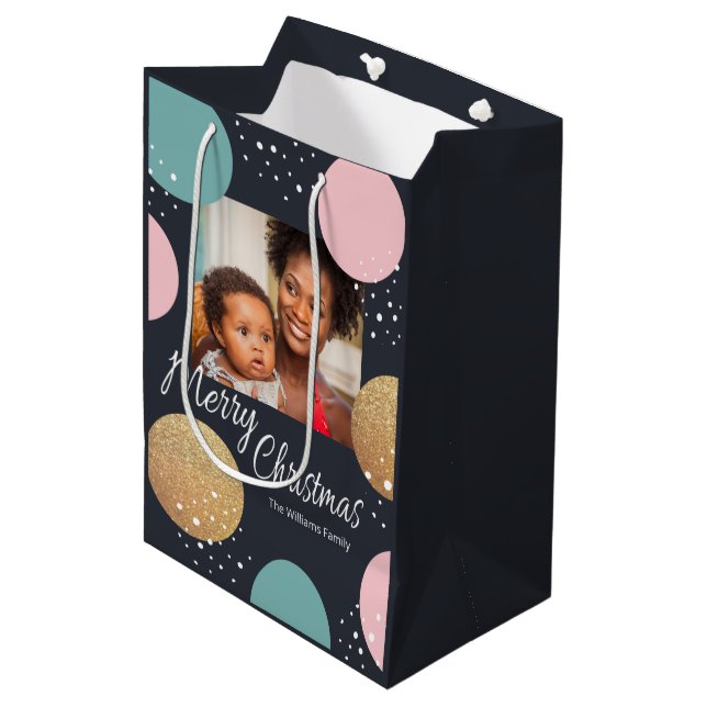 Modern Festive Dots Snowy Photo Christmas Medium Gift Bag (Front Angled)