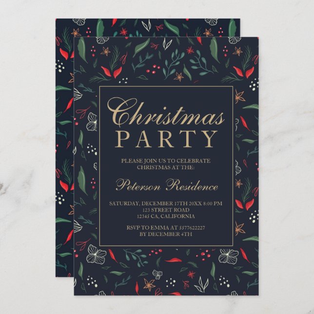 Modern festive floral red green Christmas party Invitation (Front/Back)