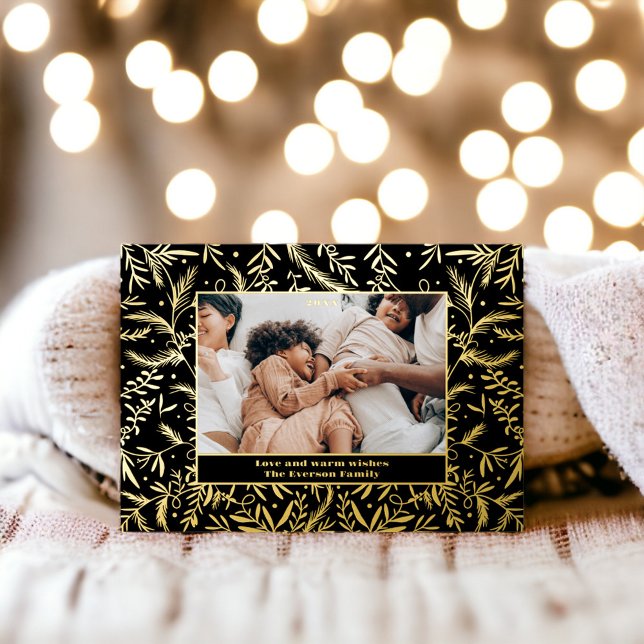 Modern festive flourish Christmas family 3 photos Foil Holiday Card (Modern festive flourish Christmas family 3 photos Foil Holiday Card on black)