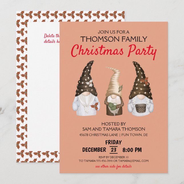Modern Festive Gnomes Coral Christmas Party  Invitation (Front/Back)