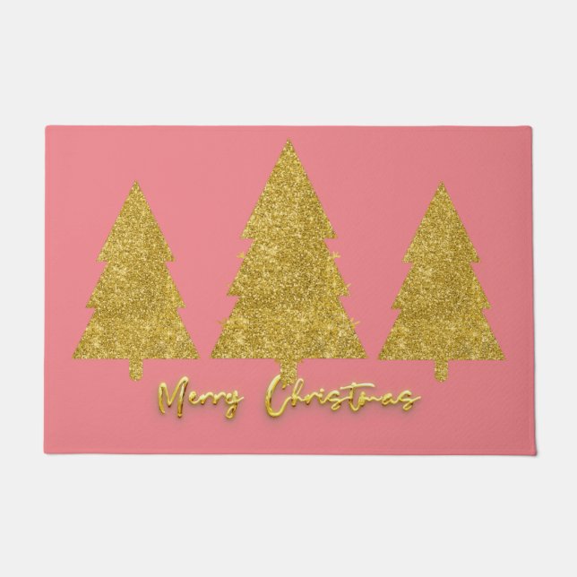 Modern festive gold shiny glitter tree girly pink  doormat (Front)
