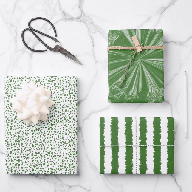 Modern Festive Green Speckles Stripes Swirls Wrapping Paper Sheet (Front)