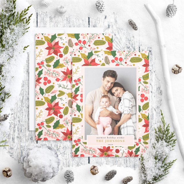 Modern Festive Muted Pink Poinsettia Photo Holiday Card (Creator Uploaded)