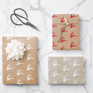 Modern Festive Nordic Christmas Red Deer Kraft Wrapping Paper Sheet