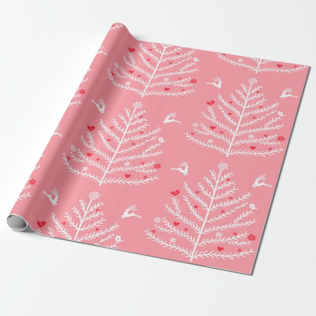 Modern Festive Nordic Christmas Tree Deer Pink Wrapping Paper (Unrolled)