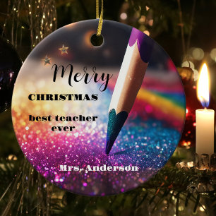 Modern Festive Pencil Teacher Thank You Christmas  Ceramic Ornament