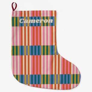 Modern Festive Plaid Striped Large Christmas Stocking